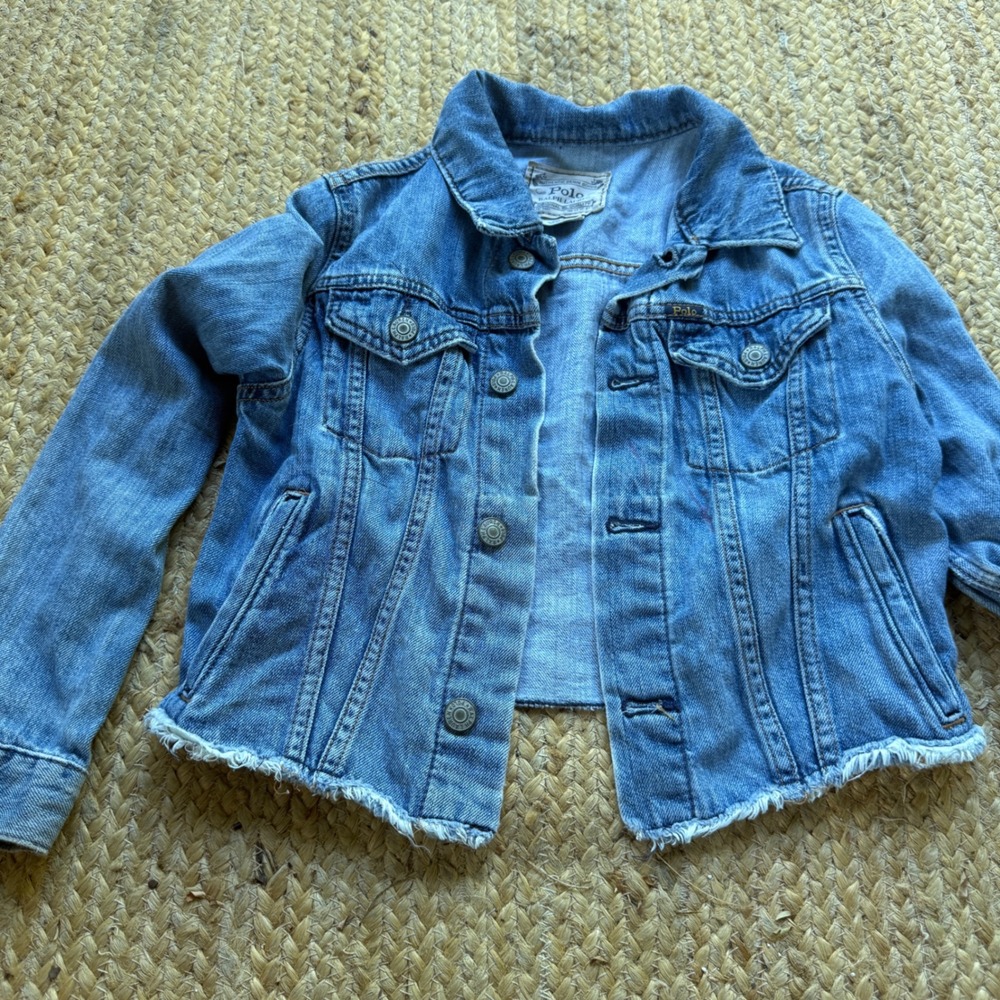 Polo Ralph Lauren Girls Denim Jacket Light Wash Frayed Hem Logo Back Size 10